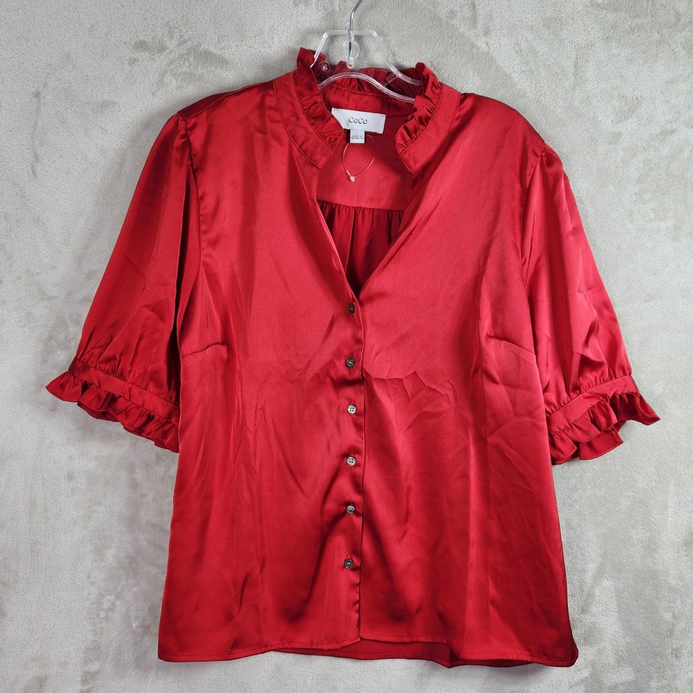 CeCe Blouse Womens Large Red Ruffle Satin Short Sleeve Button Up Romantic Chic